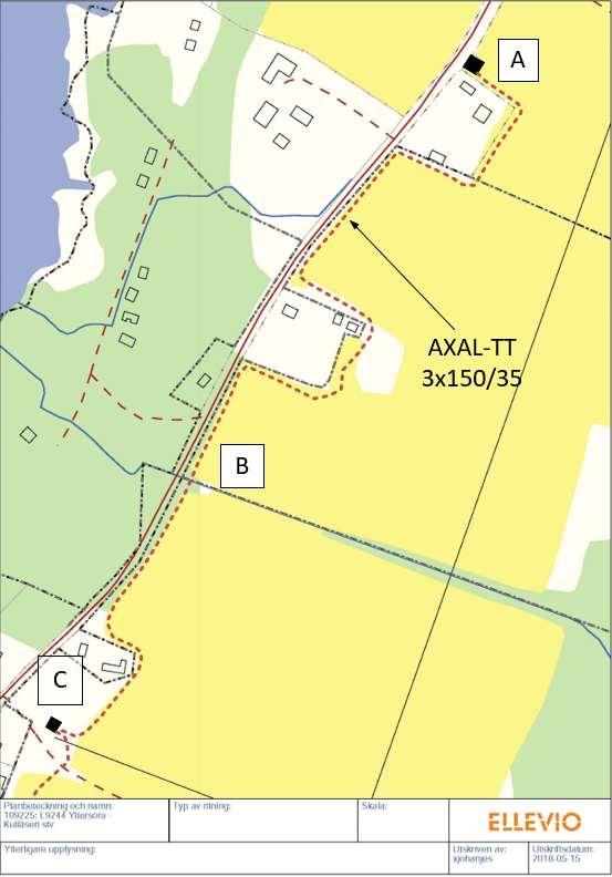 Figur 3.1 HSP karta Sjöhaga Melldala där A) Sjöhaga nätstation, B) tryckning på sträckan, C) Melldala nätstation.