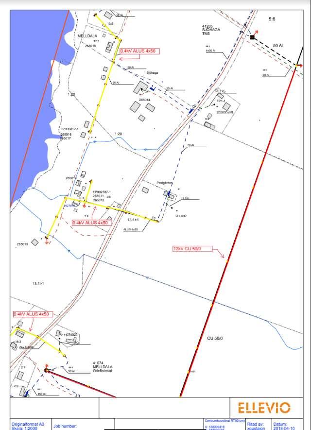 Bilaga E: Raseringskarta över Sjöhaga och Melldala På kartan markeras med gula linjer och röda linjer var luftledningen ska raseras med