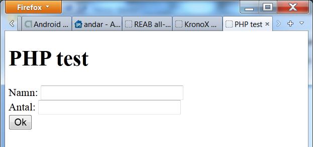 6. Skapa ett PHP skript som ger en enkel sida med följande funktion: sidan har två inmatningsfält, ett för namn och ett för antal, samt en Ok-knapp enligt bild nedan.