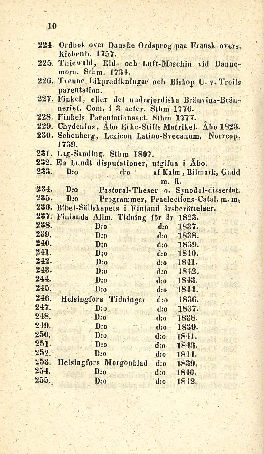 10 Ordbok over Danske Ordsprog paa Fransk overs. Kiobenb. 1757. Thiewald, Elli- ocb Luft-Mascbin wd Dannemora. Slhm. 1734. Tvenne Likpredikningar ocb Biskop U. v. Troils parentalion.