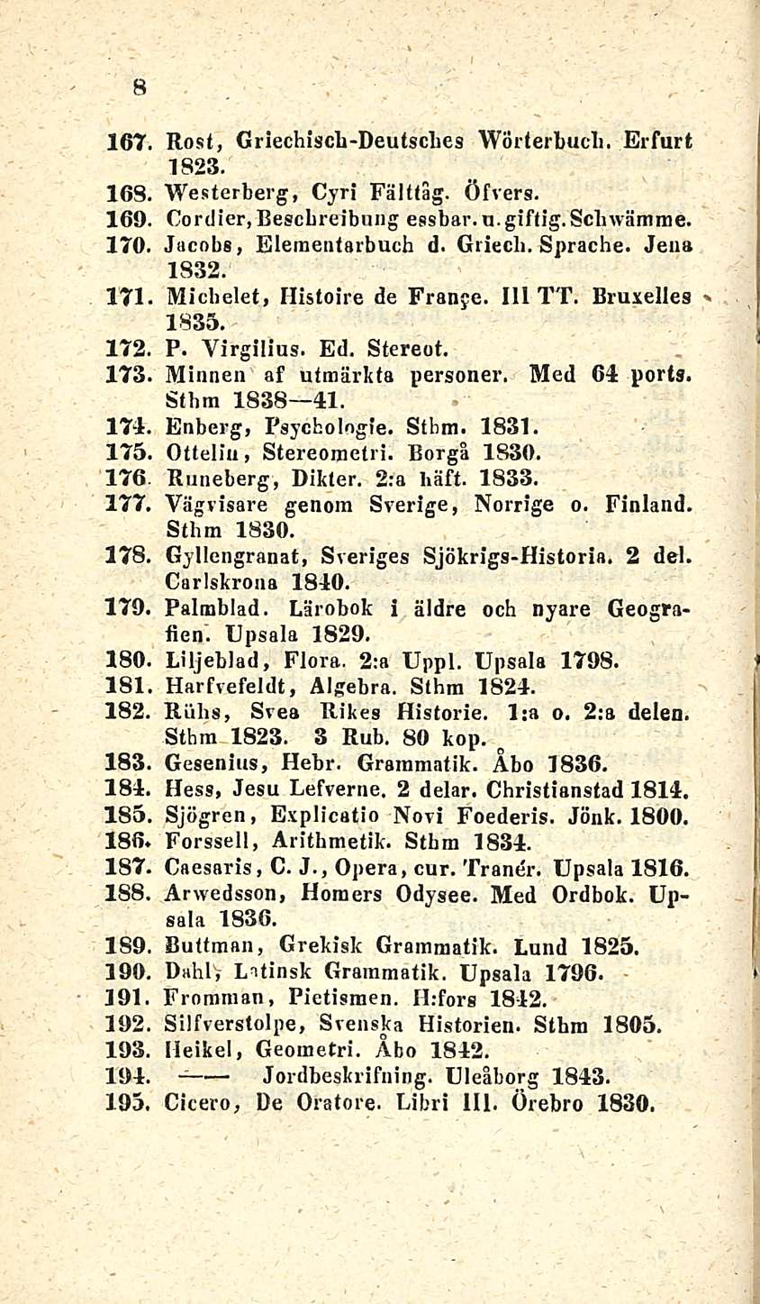 8 Rost, Griechiscb-Deutscbes Wörlerbucli. Erfurt 1823. Westerberg, Cyri Fältlag. Öfvers. Cordier, Beschreibung essbav. u. giftig.scbwämme. Jacobs, Eleraenlarbuch d. Griech. Sprache. Jeua 1832.