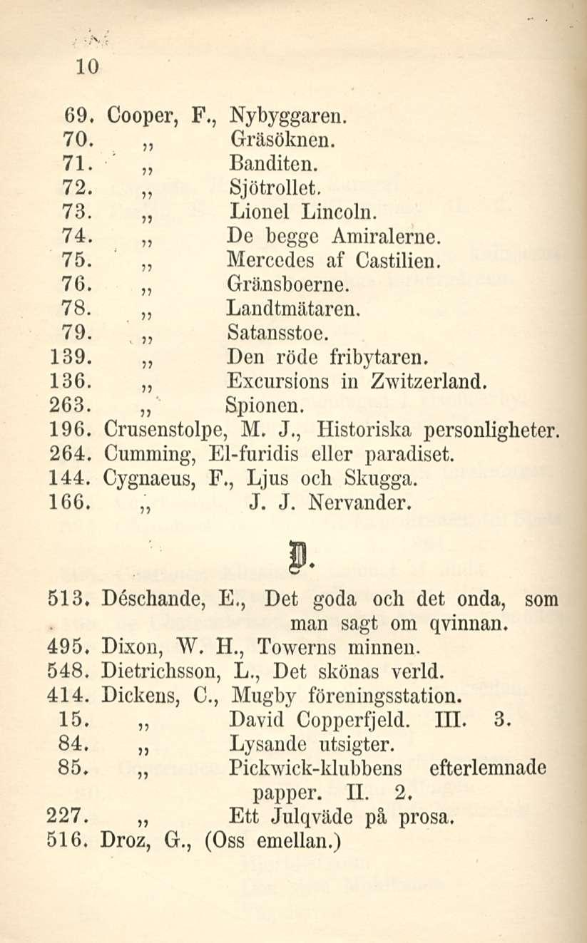 10 69. Cooper, F., Nybyggaren. 70. Gräsöknen. 71. ~ Banditen. 72. ~ Sjötrollet. 73. Lionel Lincoln. 74. De beggc Amiralerne. 75. Mercedes af Castilien. 76. Gränsboerne. 78. Landtmätaren. 79.