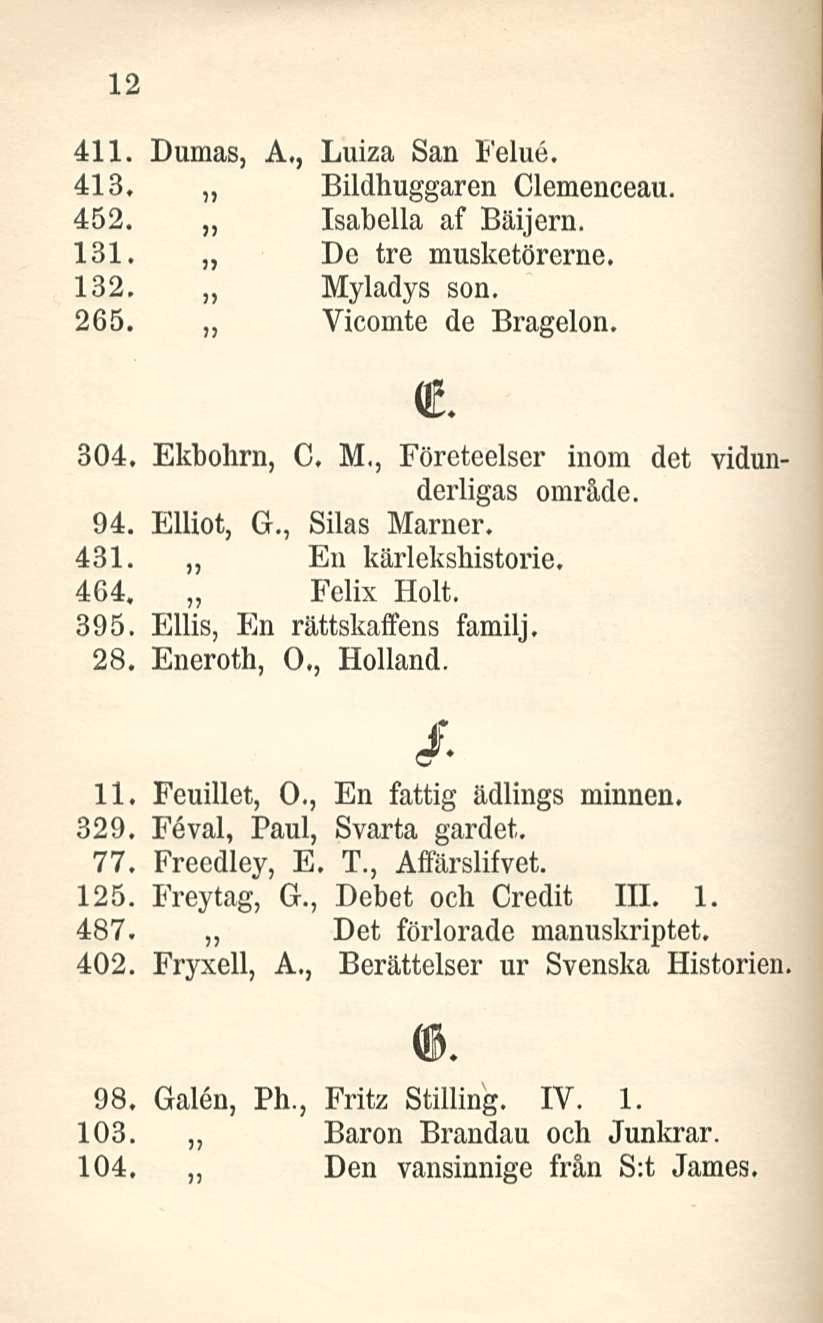 12 411. Dumas, A., Luiza San Felue. 413, Bildhuggaren Clemenceau. 452. Isabella af Bäijern. 131. De tre muskctörerne. 132, Myladys son. 265. Yicomte de Bragelon. (t 304. Ekbohrn, C. M., Företeelser inom det vidunderligas område.