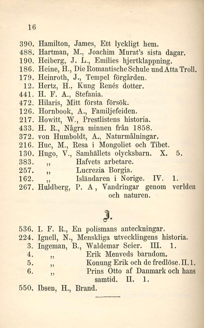 16 390. Hamilton, James, Ett lyckligt hem. 488. Hartman, M., Joachim Murafs sista dagar. 190. Heiberg, J. L., Emilies hjertklappning. 186. Heine, H., Die Romantische Schule undattatroll, 179.