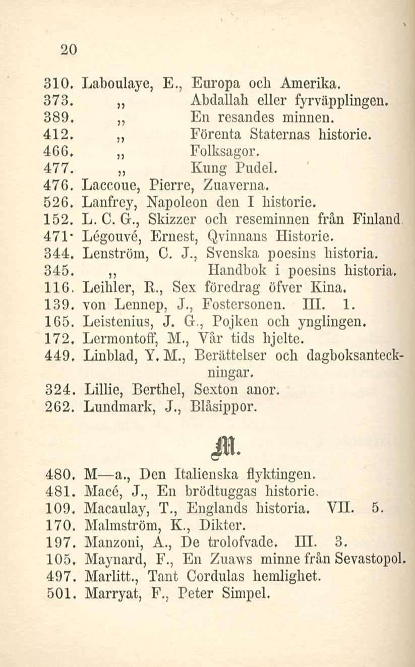 20 310. Laboulaye, E., Europa och Amerika. 373. Abdallah eller fyrväpplingen. 389. En resandes minnen. 412. Förenta Staternas historie. 466, Folksagor, 477. Kung Pudel. 476, Laccoue, Pierre, Zuaverna.
