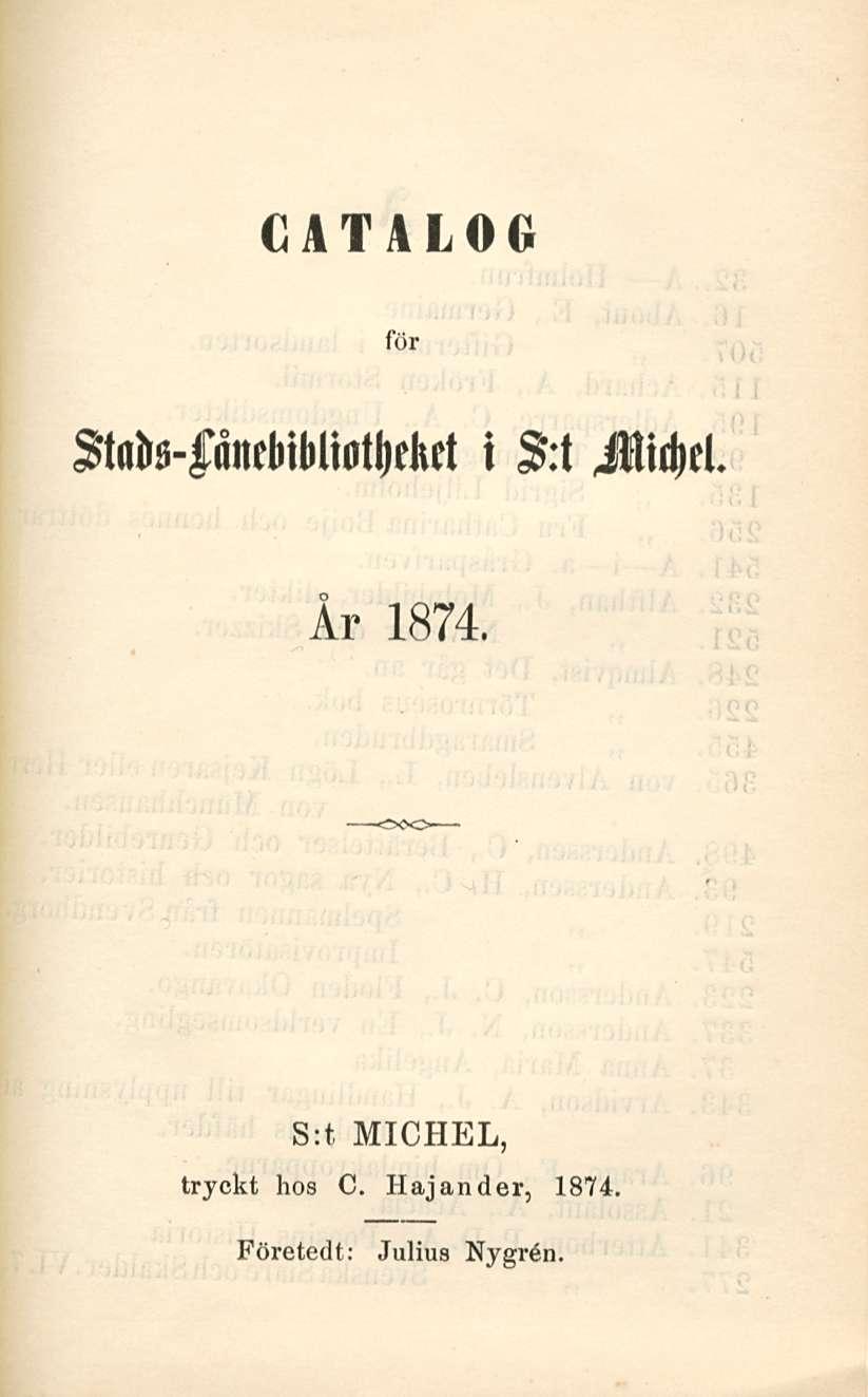 CATALOG för Stok-fåneMl)liot()ekt i Stt Jflidjcl År 1874.