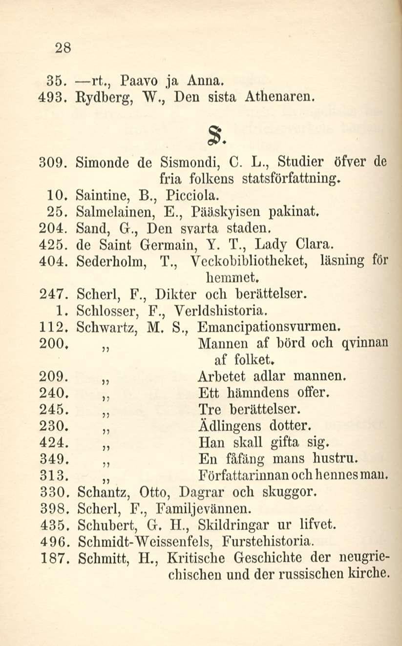 28 35, rt., Paavo ja Anna, 493. Rydberg, W., Den sista Athenaren. $. 309. Simonde de Sismondi, C. L., Studier öfver de fria folkens statsförfattning. 10. Saintine, 8., Picciola. 25. Salmelainen, E.