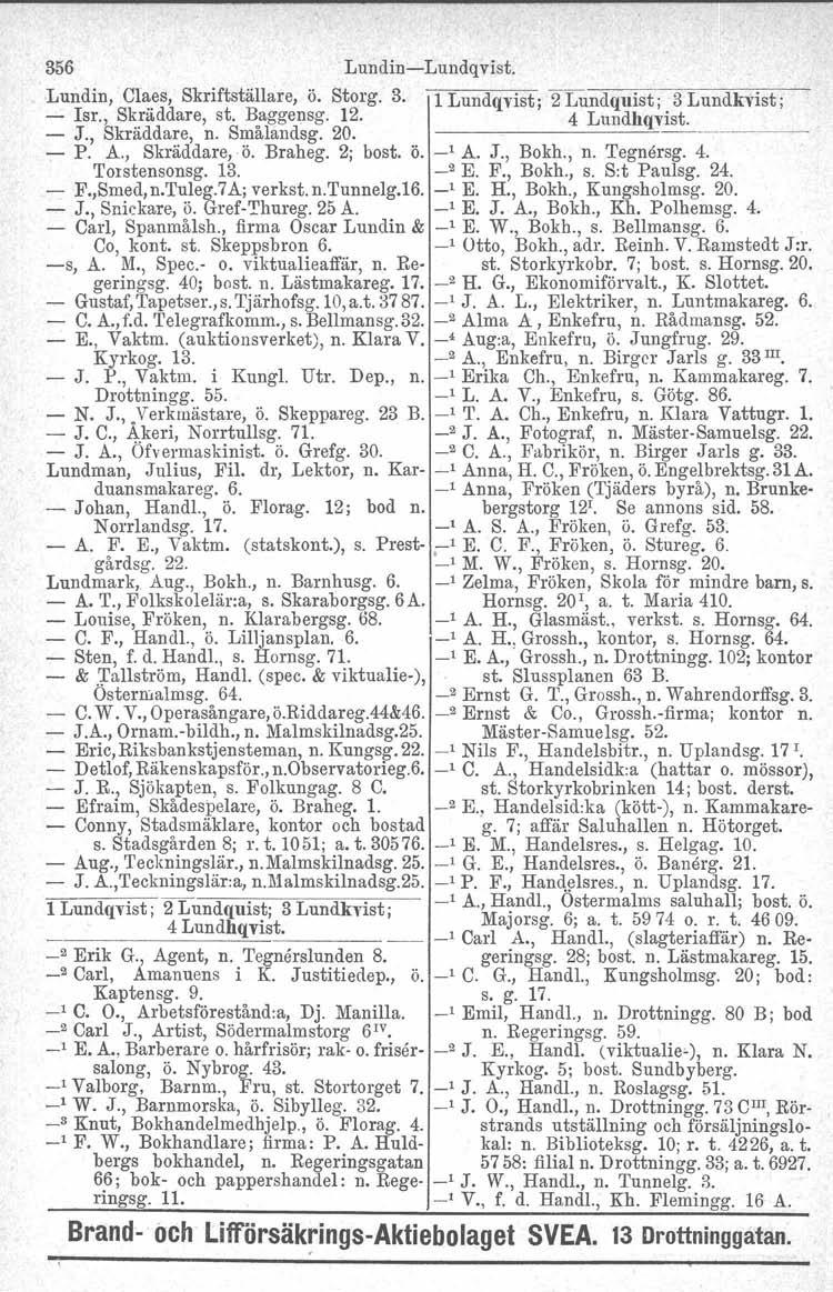 356 Lundin-Lundqvist. Lundin, Cl~~s, Skriftställare, ö. Storg. 3. 1 Lundqvist; 2 Lundquist j 3 Lundkvist j - - Isr., Skräddare, st. Baggensg. J., Skräddare, n. Smålandsg. 12. 20.