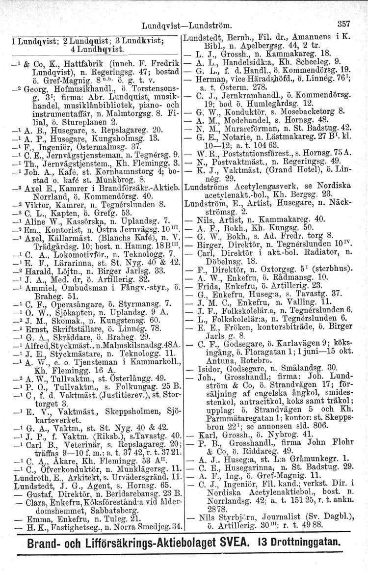 Lundqvist-Lundström. 357 1 Lundqvist; 2 Lundquist; 3 Lundkvist; Lundst~dt, Bernh., Fil. dr., Amanuens i K. ~~~~~~~------- 4 Lundhqvist. - - BIbI., n. Apelbergsg. 44, 2 tro L. J., Grossh., n. Kammakareg.