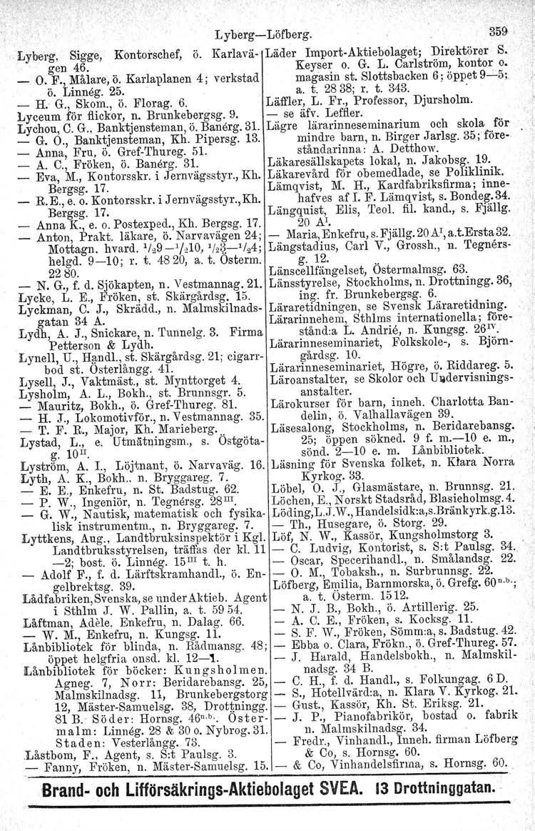 Lyberg-i-Löfberg. 359. Lyberg, Sigge, gen 46. Kontorschef, ö. Karlava- Läder Import-Aktiebolaget; Direktörer Keyser o. G. L. Carlström, kontor S. o. _ O. F., Målare, ö.