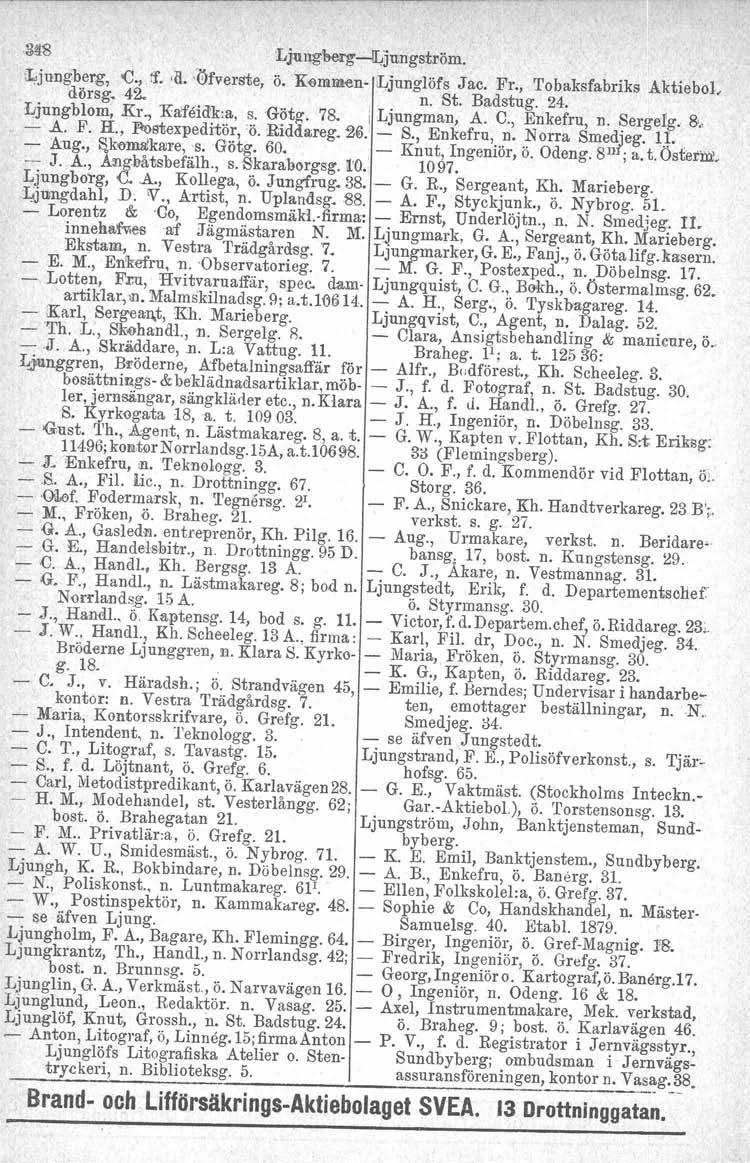 3!8 Ljnng\,erg~jlIngstl1Öm. iljungberg, 'C..,tf.,H. '(;)fverste, ö. Kemmen- iljunglöfs Jac, Pr., Tobaksfabriks Åktiebol, dörsg. 42., n. St. Badstug. 24., Ljungblom, Kr., Kafeid~:a,~:G?tg-. 78.