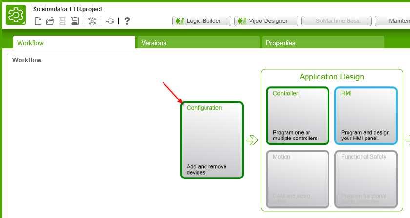 1 SO MACHINE INLEDNING Inledning 2 SKAPA APPLIKATION 2.1.1 Hårdvara Starta SoMachine. Välj in rätt hårdvara i Configuration 2.1.2 Klicka Klicka in i Application Design och Controller.