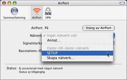 Exempel för användare av Mac OS X 10.2.4 1 Klicka på ikonen för AirPort-status och markera Öppna Internetanslutning.