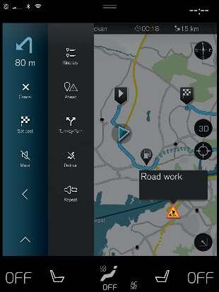 Symboler och knappar i navigationssystem* På kartan på centerdisplayen visas symboler och färger som informerar om olika vägar och området runt bilen och längs färdvägen.