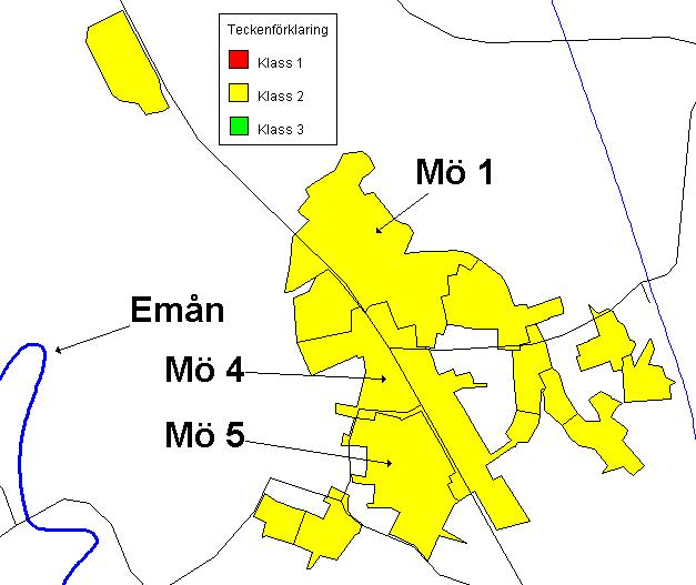 recipienten Emån har höga natur- och rekreationsvärden. E 1, E 2, E 3, E 4 ificeringspoäng ificeringsklass 4 2 Tabell 3. n med högst klassificeringspoäng inom Emmenäs. 3.4.6 Mörlunda Mörlunda dagvattenklassificering har följande utseende (se figur 6).