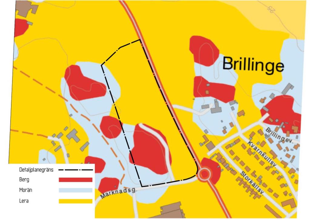 3.4 Geologiska förutsättningar Enligt jordartskartan består området till stor del av lera samt områden med morän och ett sammanhängande område med berg i sydvästra delen, se Figur 3.