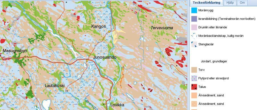 8 Figur 4. Landskapet med väg 867 kännetecknas jordartsmässigt av torv, morän och isälvssediment. Karta: SGU Kartvisaren jordarter norra Sverige.