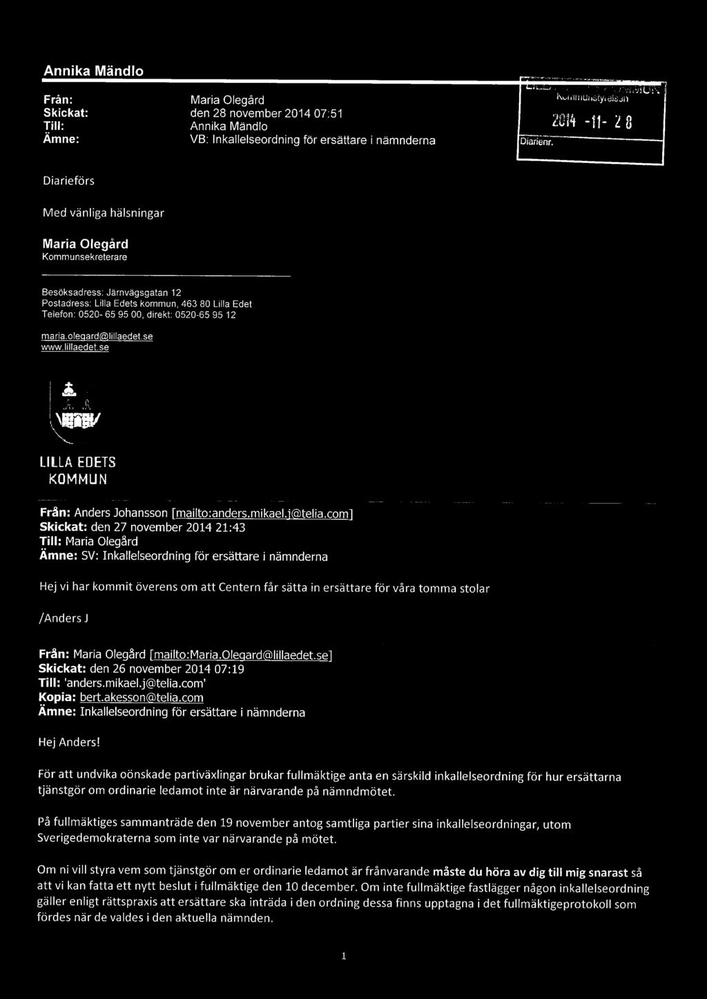 0520-65 95 00. direkt: 0520-65 95 12 maria.olegard(cillillaedet.se www.lillaedet.se ~~ LILLA EDETS I~OMM[1N Från: Anders Johansson [mailto:anders.mikael.jca~telia.