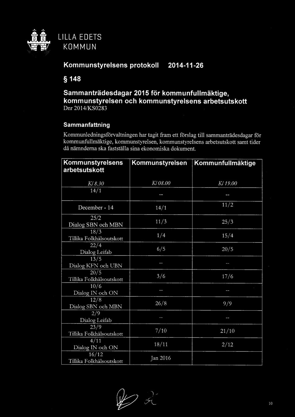 .~..~~ W W LILLA EDETS \:=~~_/ KOMMUN Kommunstyrelsens protokoll 2014-11-26 148 Sammanträdesdagar 2015 för kommunfullmäktige, kommunstyrelsen och kommunstyrelsens arbetsutskott Dnr 2014/KS0283