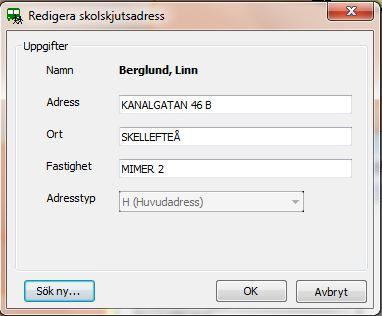 Nu har adressen rätt stavning. Dessutom sparas det en fastighetsbeteckning till skolskjutsadressen.