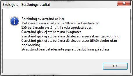 Så här tolkas resultatet: x elevadresser med status Utreds bearbetade: de elever i Elevlistan som har skolskjutsadresser med status Utreds.
