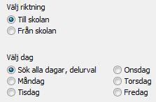 För att skapa en tur som går flera dagar i veckan väljs istället Sök alla dagar, delurval. 2. Välj ramschema Tryck på knappen Lista ramschema.