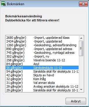 I formuläret Elev visas en gul ruta där antalet bokmärken för respektive elev visas.