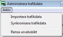 Under menyn Arkiv>Importera trafikdata importeras ändringar gjorda i kartskikten till Skolskjutsdatabasen. Samma funktion för att importera ändringar finns i Skikt med hållplatser/linjer.