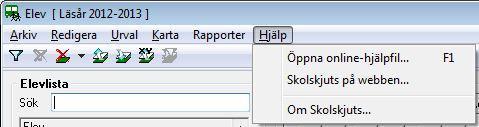 10.6 MENY > HJÄLP Öppna online-hjälpfil Hjälpen för programmet Skolskjuts öppnas i en webbläsare. Det går även att trycka på tangenten F1 för att starta Hjälpen.