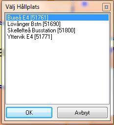 Tryck sedan OK för att endast se hållplatser från vald linje. Ett nytt fönster öppnas där hållplatsernas namn visas följt av hållplatsid inom parentes.
