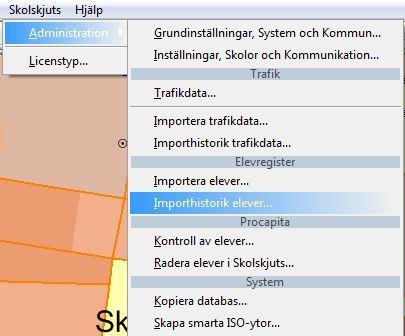 Administration>Importhistorik... Menyvalet är endast synligt om användaren tillhör gruppen Skolskjuts_ADMIN.