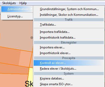 Administration>Kontroll av Elever... För de användare som har sitt elevregister i Procapita kan en kontroll göras för att se om Procapita och Skolskjutsdatabasen är synkroniserade när det gäller elever.