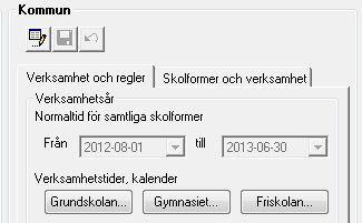 Med Kommuninställningar anges diverse inställningar som gäller på kommunal nivå. Med knappen Ändra kan förändringar göras, dessa sparas sedan med knappen Spara.