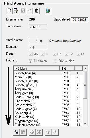 Med Ny tur kan en helt ny tur skapas till linjen. Med Ändra kan ändring göras av antal platser, dagtext, dagar samt tidtabell. Med Spara sparas ändringar.