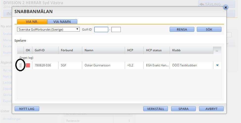 Skriv in golf-id och lägg till alla spelare som skall vara i laget.