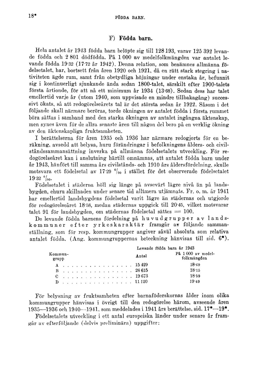 18* FÖDDA BARN. F) Födda barn. Hela antalet år 1943 födda barn belöpte sig till 128 193, varav 125 392 levande födda och 2 801 dödfödda.