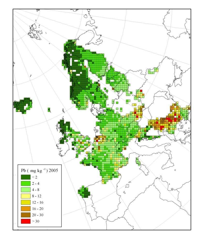 Heavy metals IC P Vegetation: Decline in lead concentration mosses since 1990 20 15 1990 2005 P b (mg kg -1 )