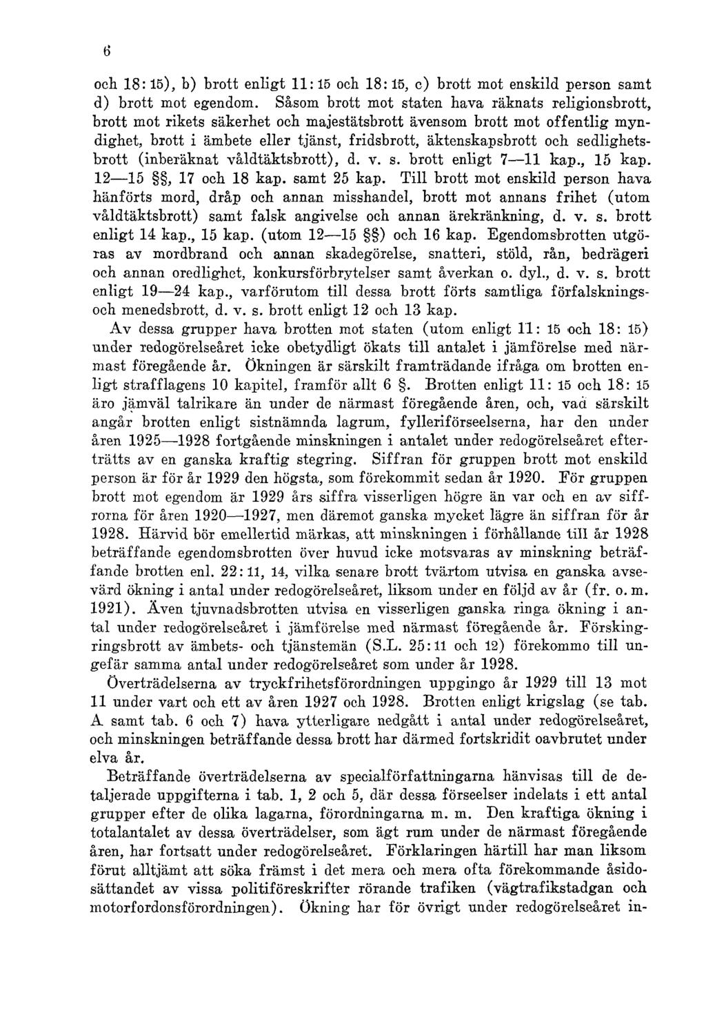 6 och 18:15), b) brott enligt 11:15 och 18:15, c) brott mot enskild person samt d) brott mot egendom.