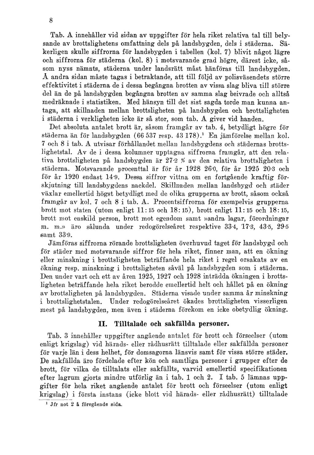 8 Tab. A innehåller vid sidan av uppgifter för hela riket relativa tal till belysande av brottslighetens omfattning dels på landsbygden, dels i städerna.