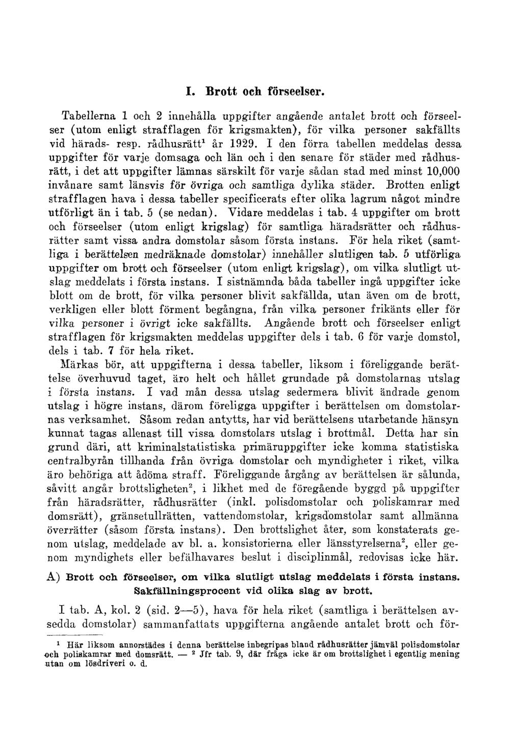 I. Brott och förseelser. Tabellerna 1 och 2 innehålla uppgifter angående antalet brott och förseelser (utom enligt strafflagen för krigsmakten), för vilka personer sakfällts vid härads- resp.