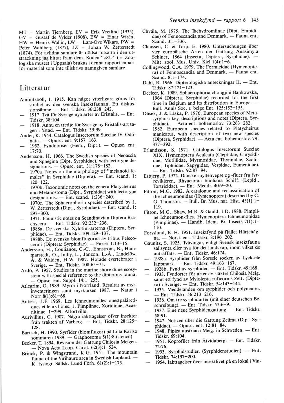 Svenska insektfynd rapport 6 145 Svenska insektfynd rapport 6 145 MT = Martin Tjernberg, EV = Erik Vretlind (1935), CV : Gustaf de Vylder (1908)' EW = Einar Wir6n, HW = Henrik Wallin, LW = LarsOve