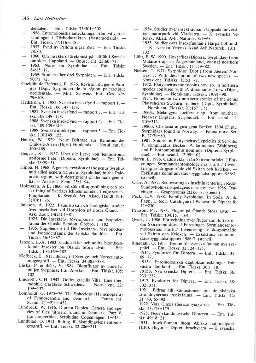 146 Lors Hedstr1m 146 Lars Nedström deldalen. Ent. Tidskr. 75:301302. 1956. Entomologiska anteckningar från två vattensamlingar i Törbodatrakten (Västergötland). Ent. Tidskr. 77:116118. 1957.