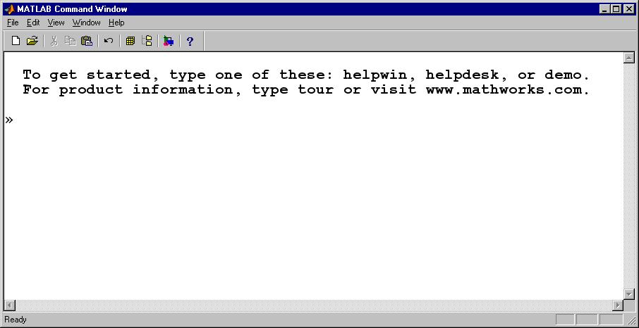 Starta MATLAB När MATLAB startas öppnas ett kommandofönster: Arbeta interaktivt I kommandofönstret kan man arbeta interaktivt som en avancerad miniräknare Semikolon undertrycker utskrift Om inget