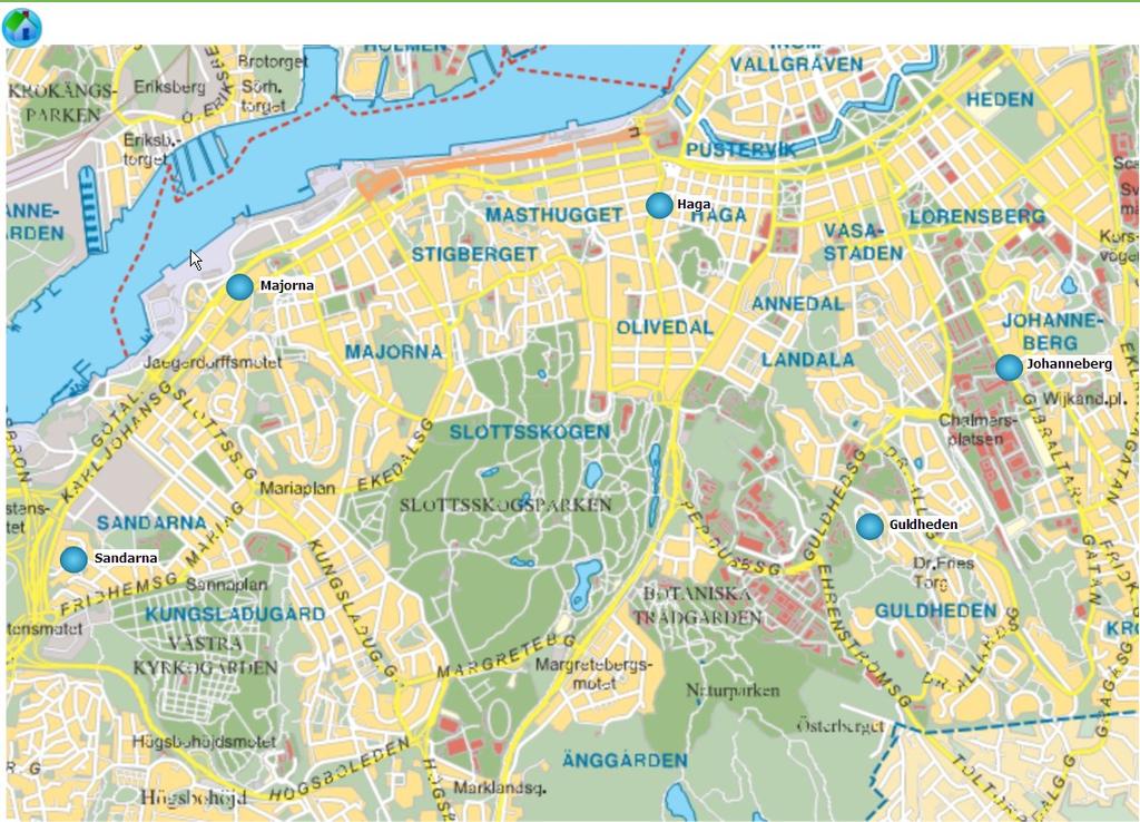 9 Distrikt Motsvarar distriktets områdesindelning. Bild innehåller navigeringsknappar till respektive område inom distriktet.