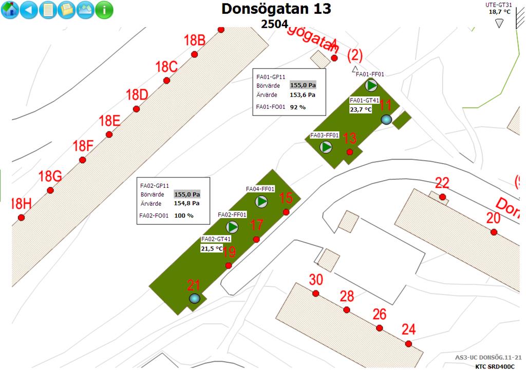 21 FA-system beskrivs fördelaktigt på en bakgrund bestående av adresskartan, lika orienteringsbilden på