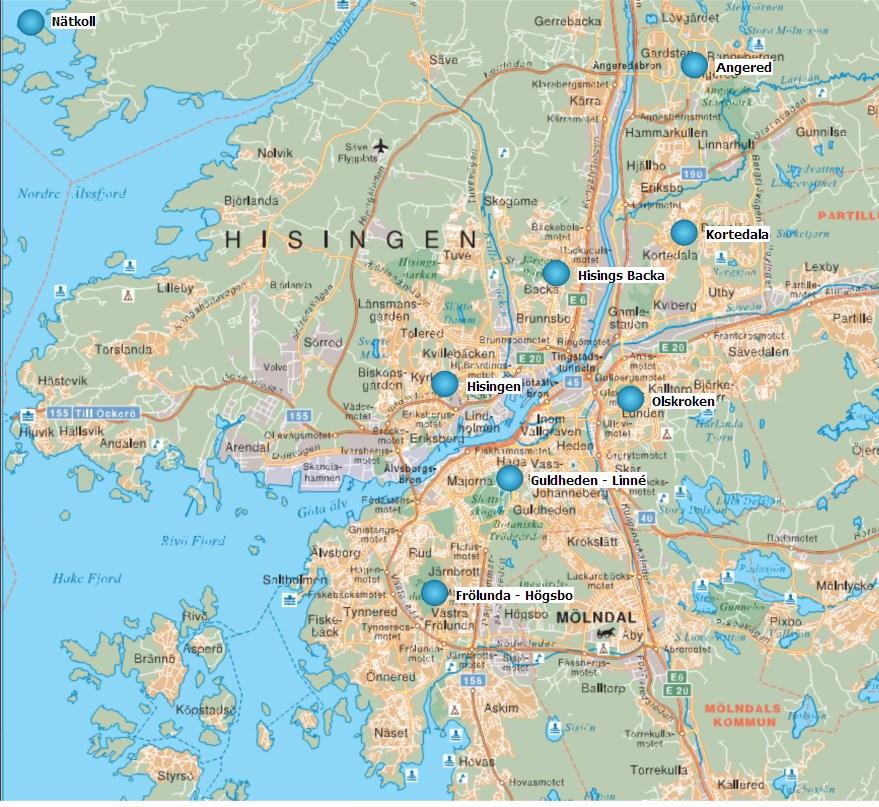 8 Stad Göteborg Bild innehåller navigeringsknappar till respektive distrikt.