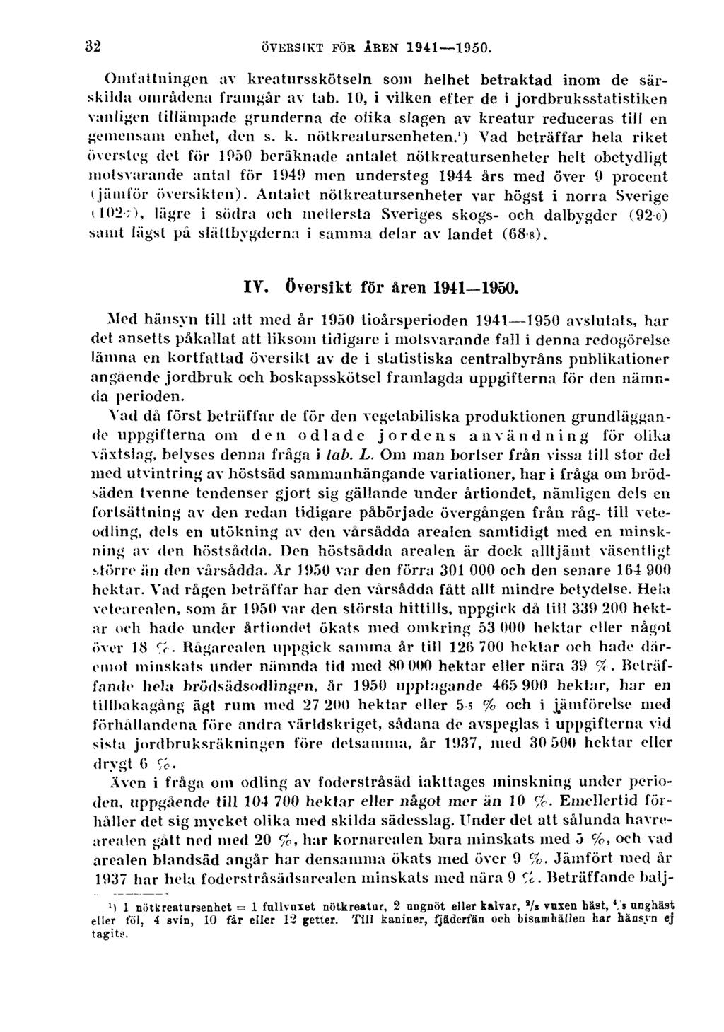 32 ÖVERSIKT FÖR ÅREN 1941 1950. Omfattningen av kreatursskötseln som helhet betraktad inom de särskilda områdena framgår av tab.