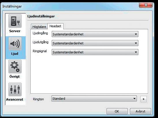 3.14.2 Headset inställningar: Har du inget headset anslutet till din dator, välj Systemstandardenhet för både Ljudingång och Ljudutgång.
