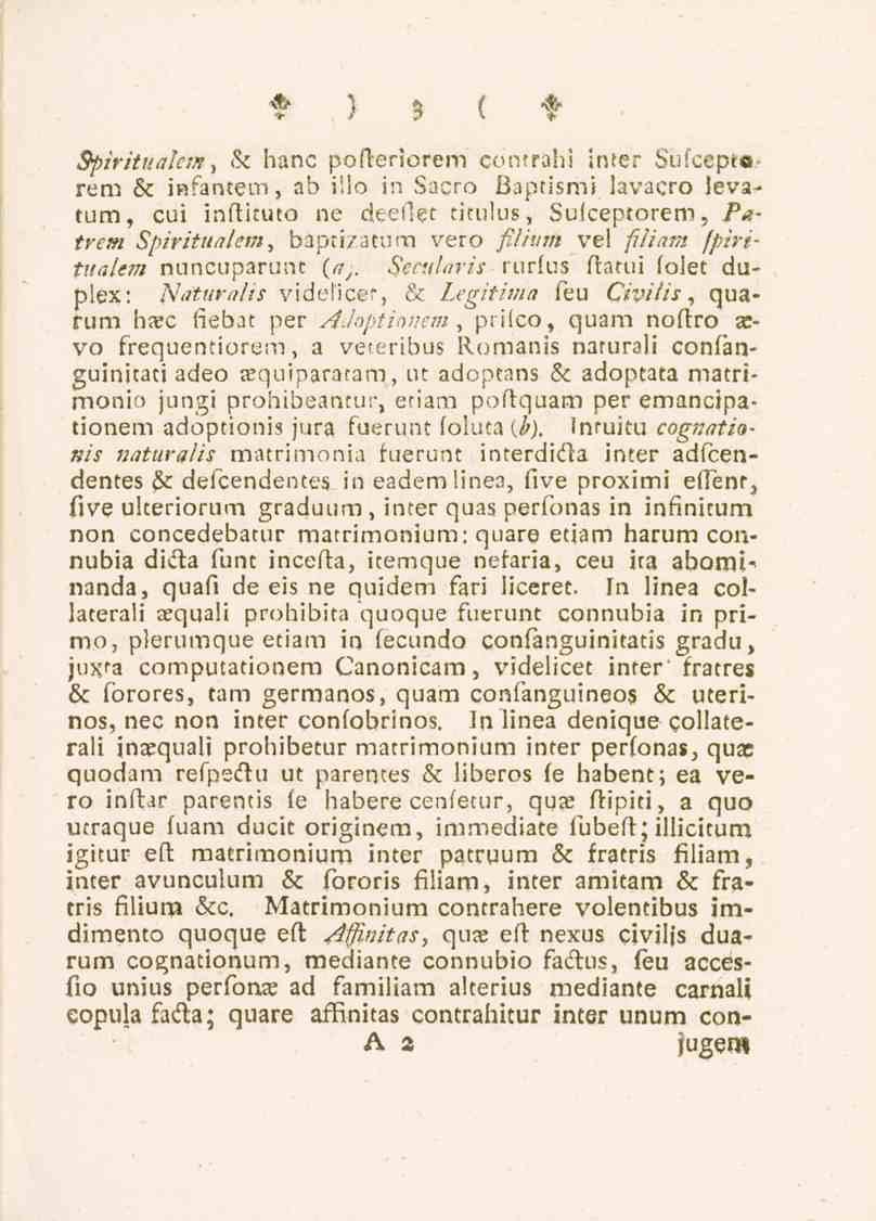 Spiritualetn, 3 & hanc pofleriorem contrahi inter Suiccptorem & infantem, ab illo in Sacro Baptism», lavaqro levatum, cui inftkuto ne deellgt titulus, Sufceptorem, Piltrem Spiritualetn, baptizatum