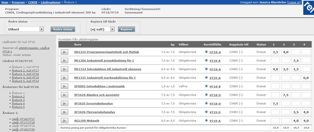 Kopps skapar automatiskt upp en kopia med önskade kurstillfällen. Kopian baseras på föregående läsårsplan, men tar även hänsyn till förändringar i kurslistan.